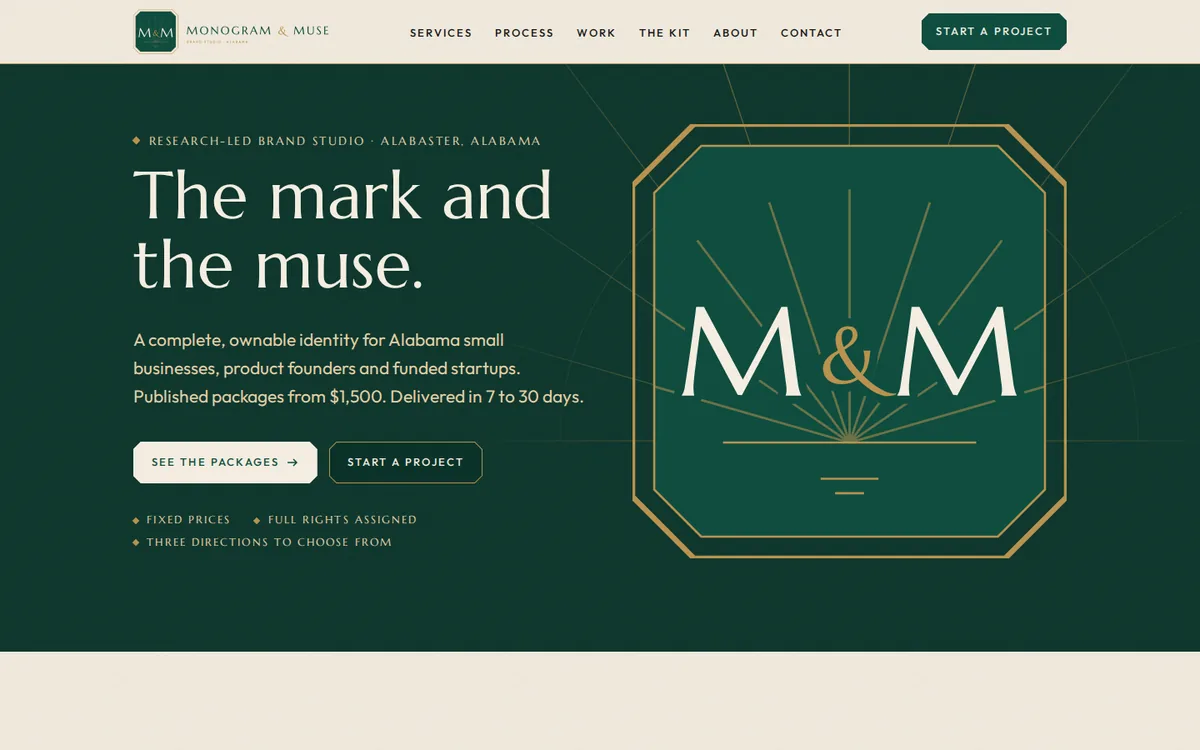 The Monogram and Muse home page: the mark and the muse, with a sunburst, on deep jade.
