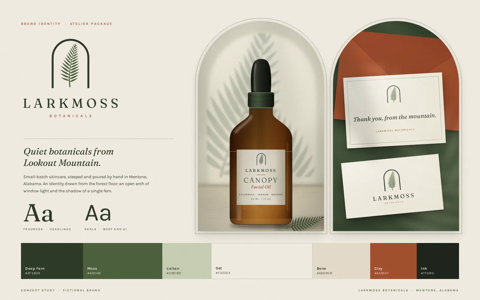 Larkmoss Botanicals brand board: the stacked logo with a fern in an arch, a Canopy facial oil bottle and stationery in arch-shaped windows, and the seven-color palette.