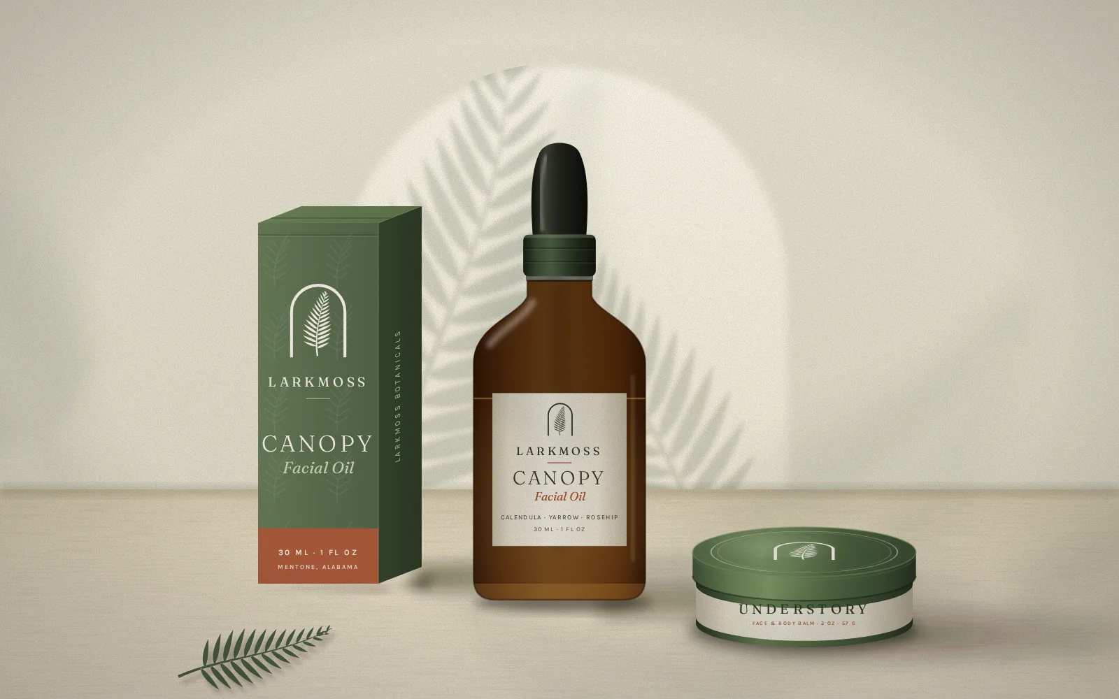 An amber dropper bottle, a green folding carton and a balm tin for Canopy facial oil and Understory balm in front of an arch of window light.