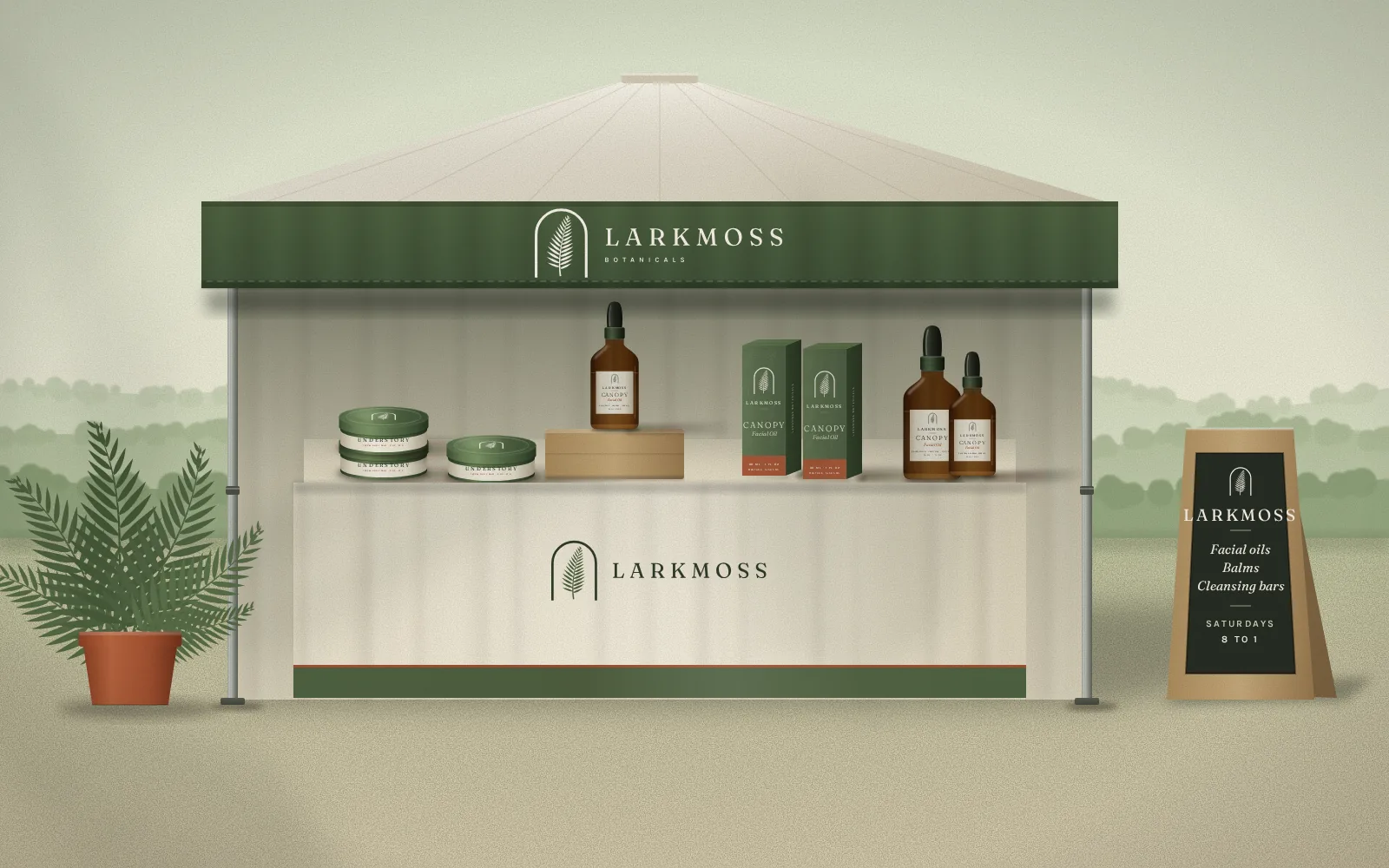 A Larkmoss market tent with a green awning, a shelf of bottles, cartons and tins, and a chalkboard sandwich sign.