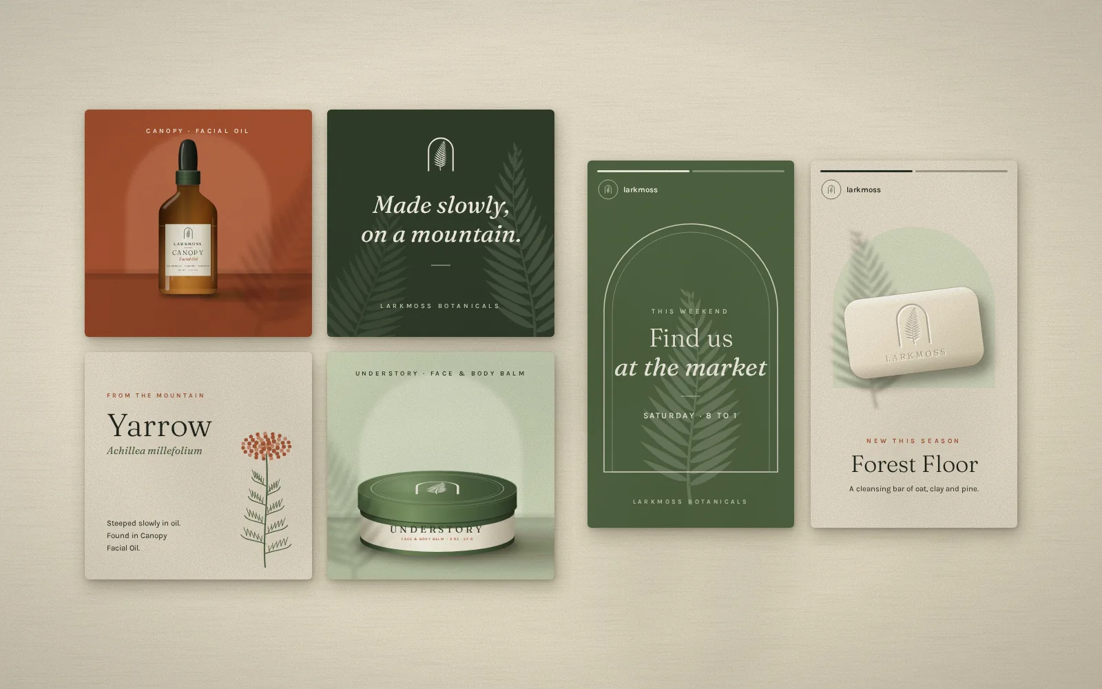 A grid of Larkmoss Instagram posts and stories: the facial oil, a brand quote, a yarrow ingredient card, the balm tin, a market story and the cleansing bar.