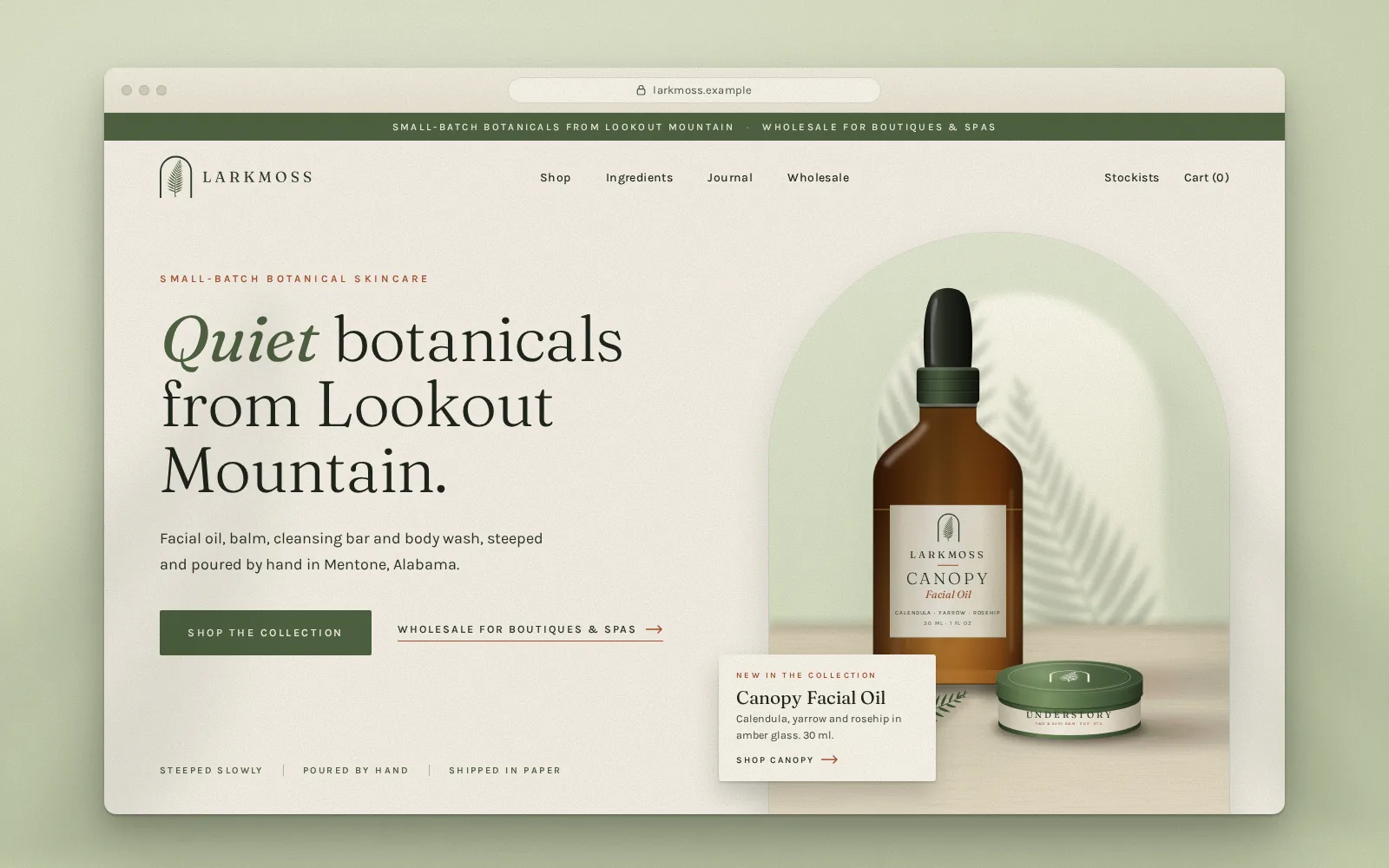 The Larkmoss homepage in a browser frame, with the headline Quiet botanicals from Lookout Mountain beside the Canopy oil bottle.