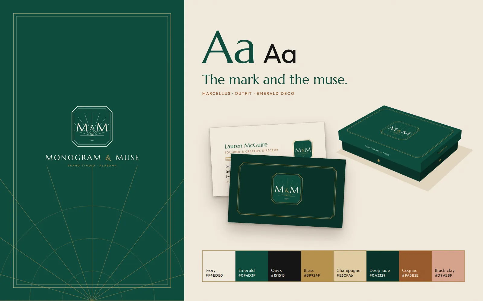 A Monogram and Muse brand board: the stacked logo on emerald, the type, two mockups and the eight-color palette.