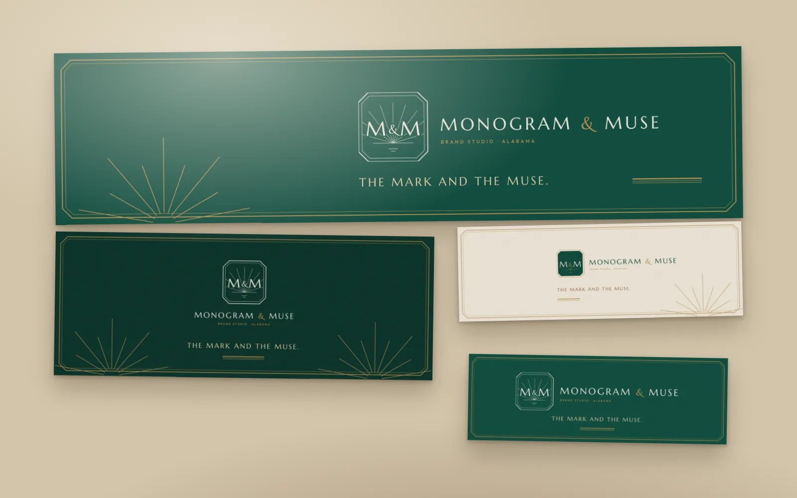 LinkedIn, Facebook, X and email banners arranged on a linen surface.
