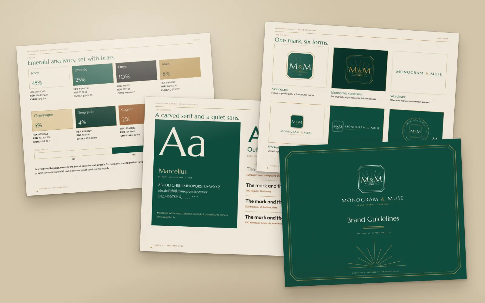 Four pages of the brand guidelines: cover, logo suite, color and typography.