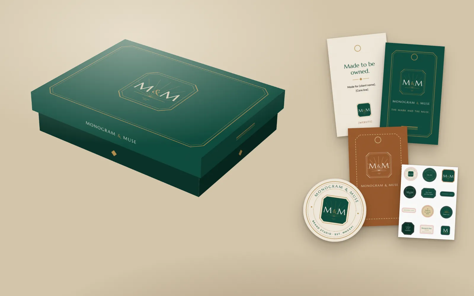 The Brand Box with three hang tags, a seal sticker and a sticker sheet.