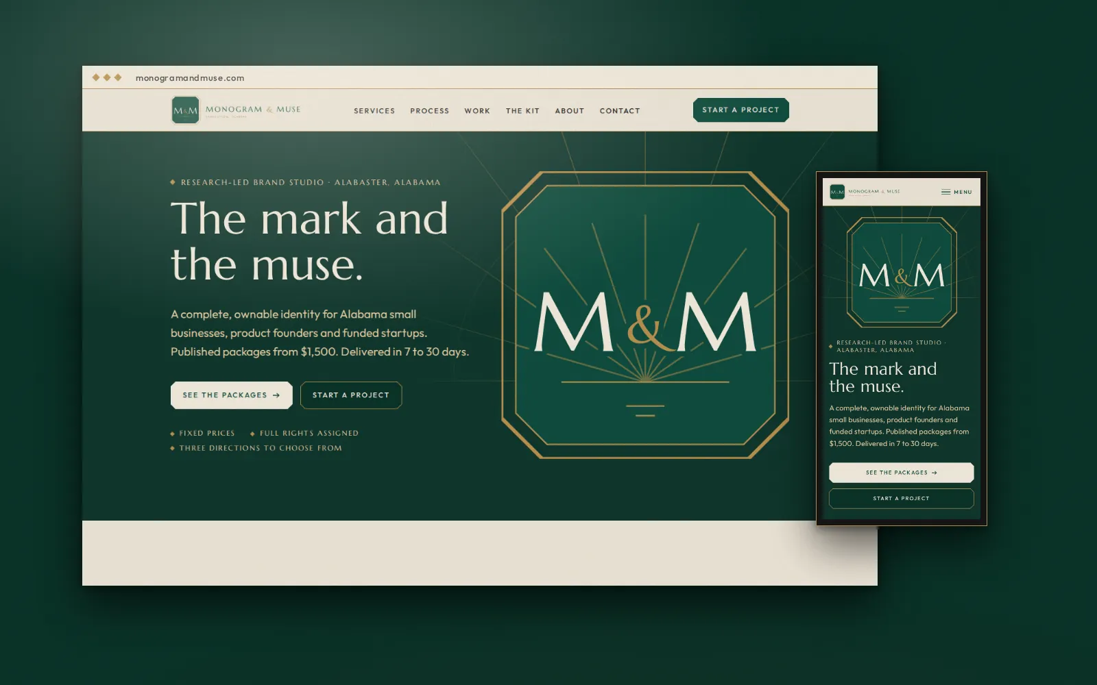 The Monogram and Muse home page in a browser frame, with the phone version beside it.