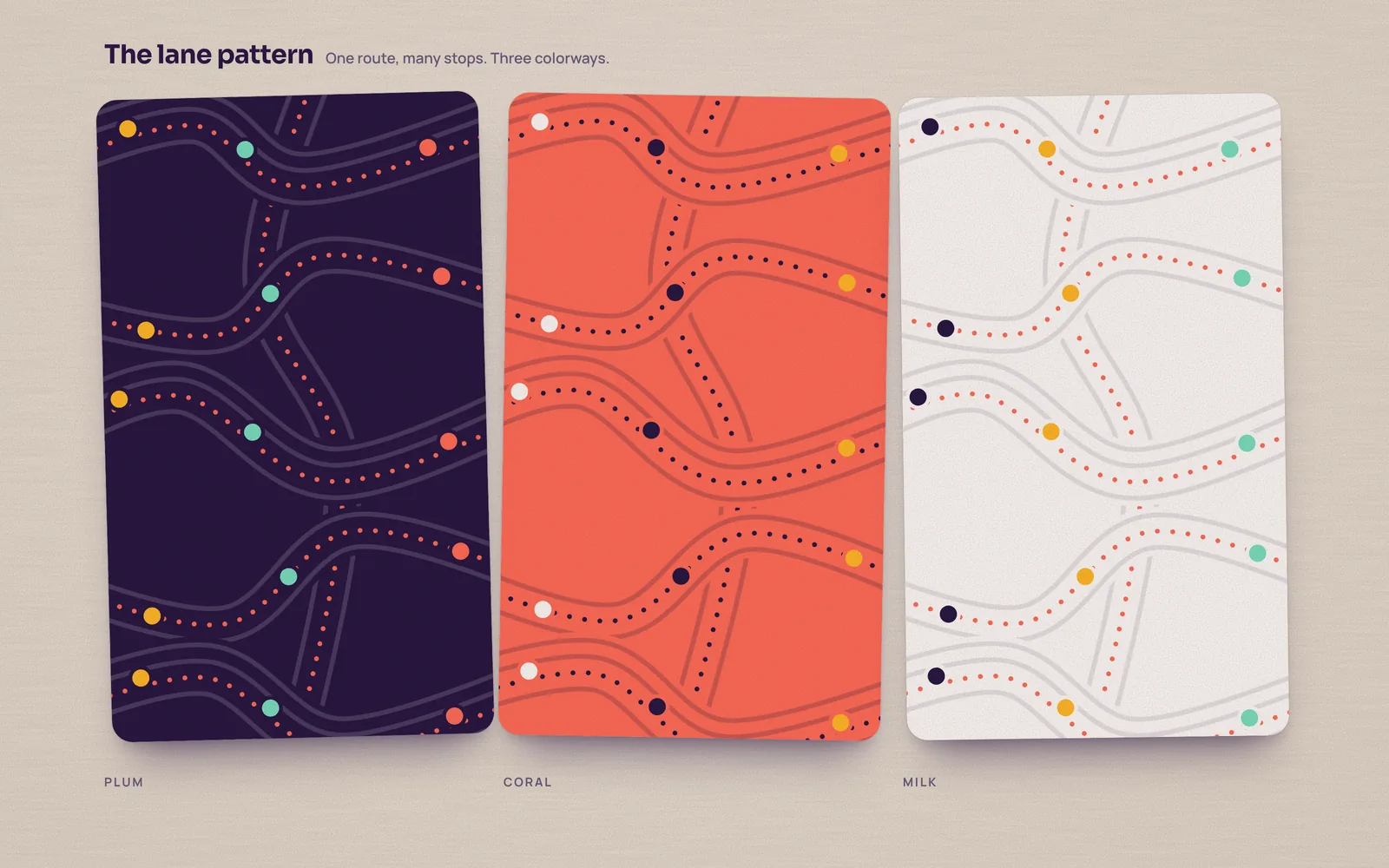 The Tendlane lane pattern in three colorways, plum, coral and milk: parallel road lines with a dotted center line and colored stop dots.