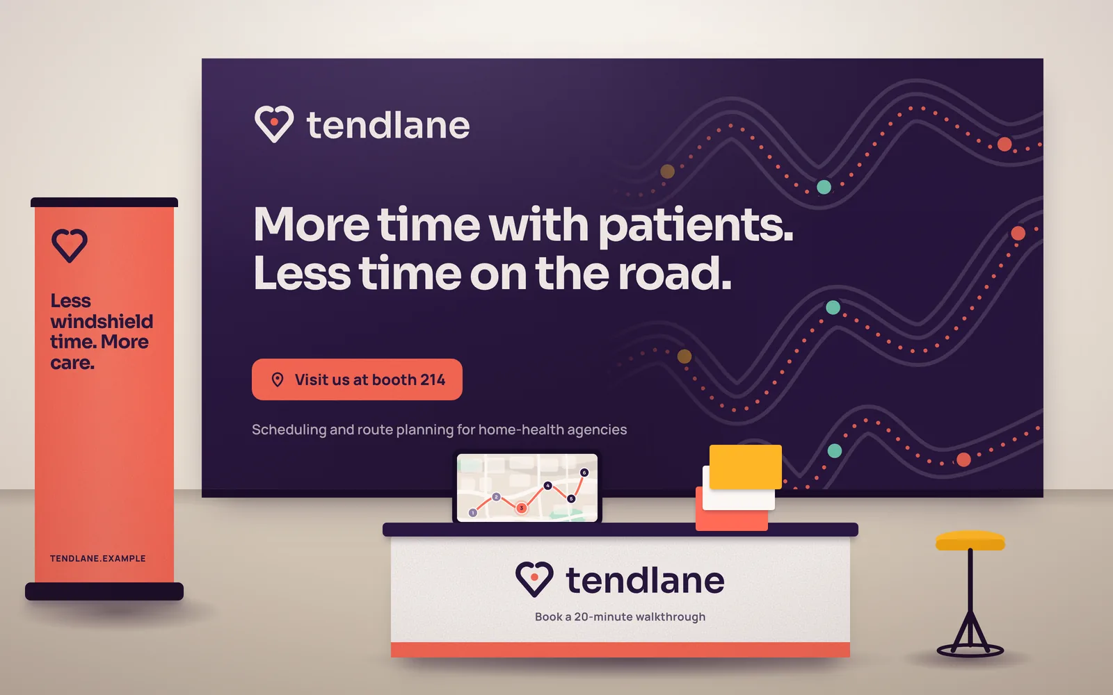 Tendlane conference booth: a large plum backdrop with the logo and headline, a milk-colored counter with a tablet and brochures, a coral pull-up banner reading Less windshield time. More care., and a marigold stool.