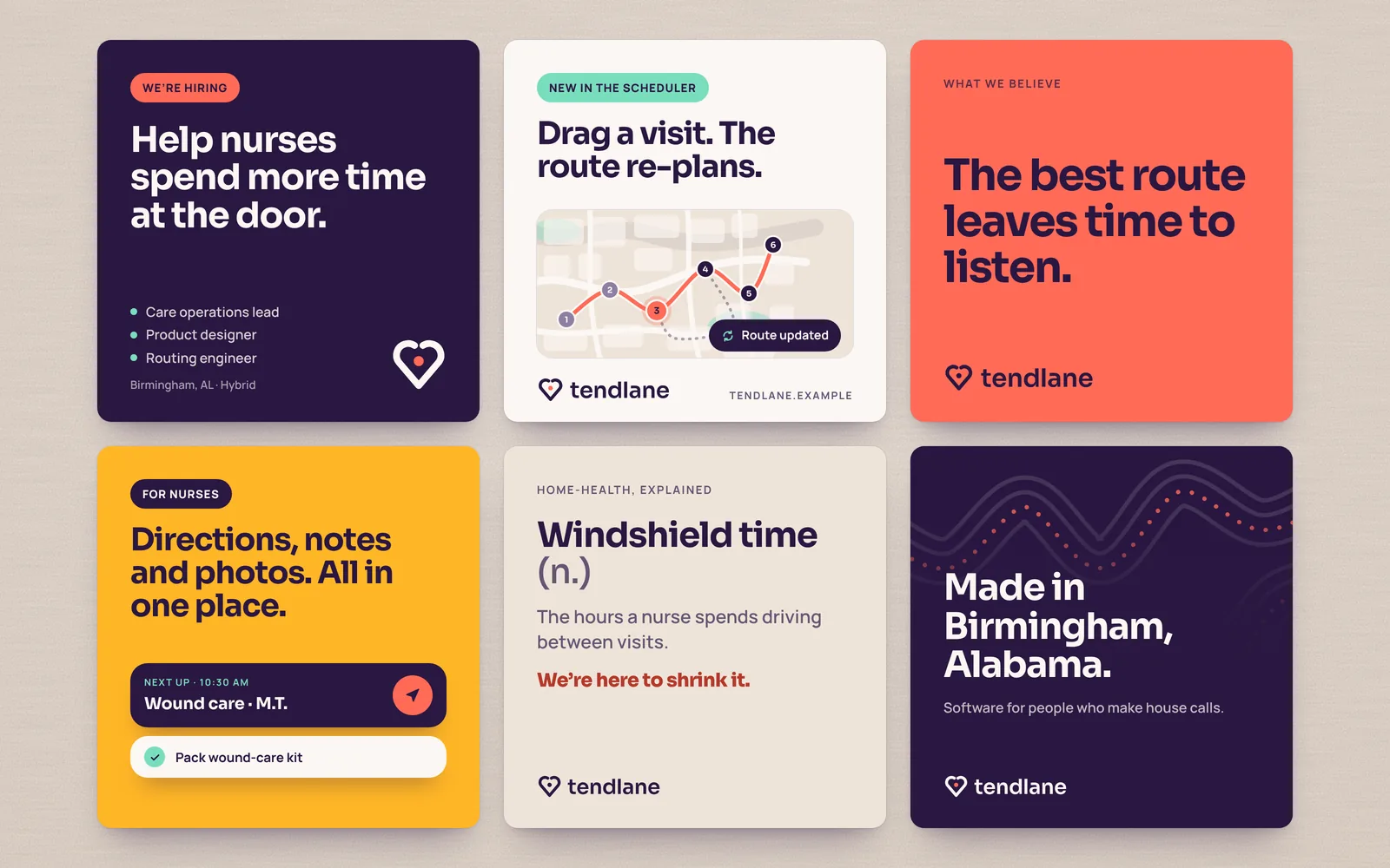 Six Tendlane social posts in a grid: a hiring post, a scheduler feature post with a route map, a coral values post reading The best route leaves time to listen, a nurse app post, a windshield time explainer, and a Made in Birmingham post with the lane pattern.