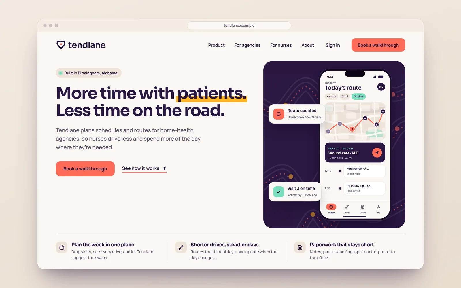 Tendlane homepage in a browser frame: headline More time with patients. Less time on the road., a coral call to action, and a phone showing today's route on a plum panel with the lane pattern.